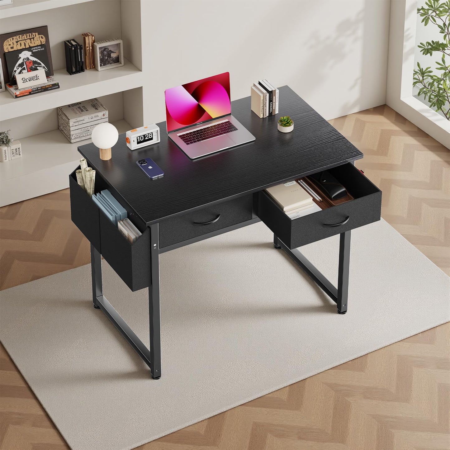 DUMOS 32" Home Office Computer Desk with Drawers, Small Gaming Writing Study Table with Storage Side Bag, Headphone Hook and Adjustable Feet for Bedroom Black