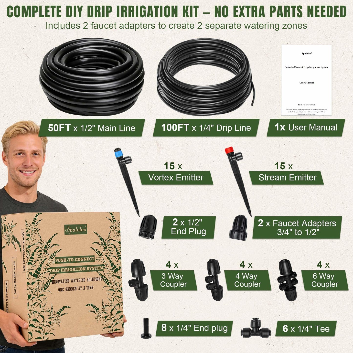 Push-to-Connect Drip Irrigation System Kit, Complete Premium Garden Watering System with 50FT 1/2" Mainline, Leak-Resistant Quick Connect Fittings, Adjustable Drip Emitters for Raised Beds, Greenhouse