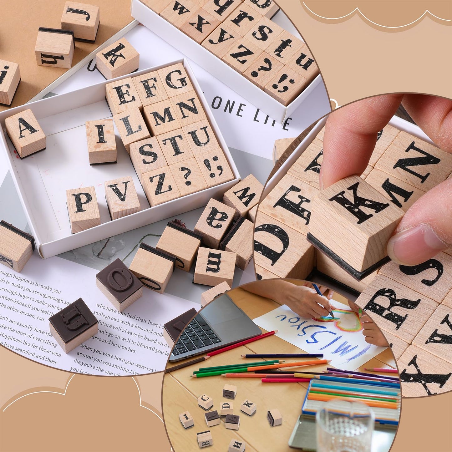 Simarro Wood Alphabet Stamp Set, 66 Pcs Wooden Rubber Stamps with Uppercase and Lowercase Letters Numbers and Symbols for DIY Projects Arts and Crafts Scrapbooking Classroom Games