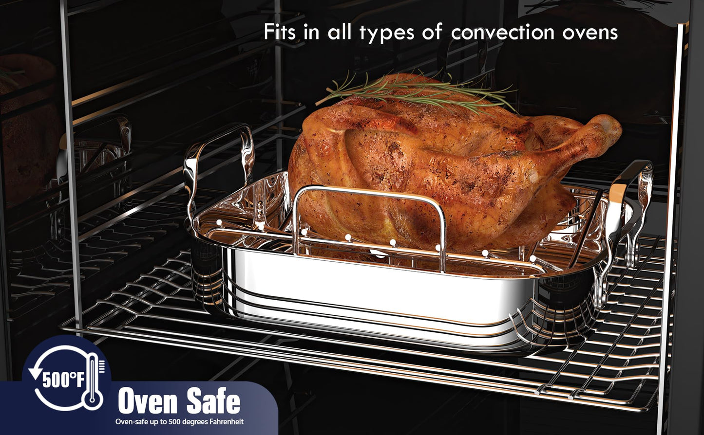 Cooks Standard Stainless Steel Roaster Pan with V-Shaped Rack, Inner 16-Inch x 13-Inch; Edge 17-Inch x 14-Inch; Turkey Roasting Pan Bakeware for Oven, Rectangular
