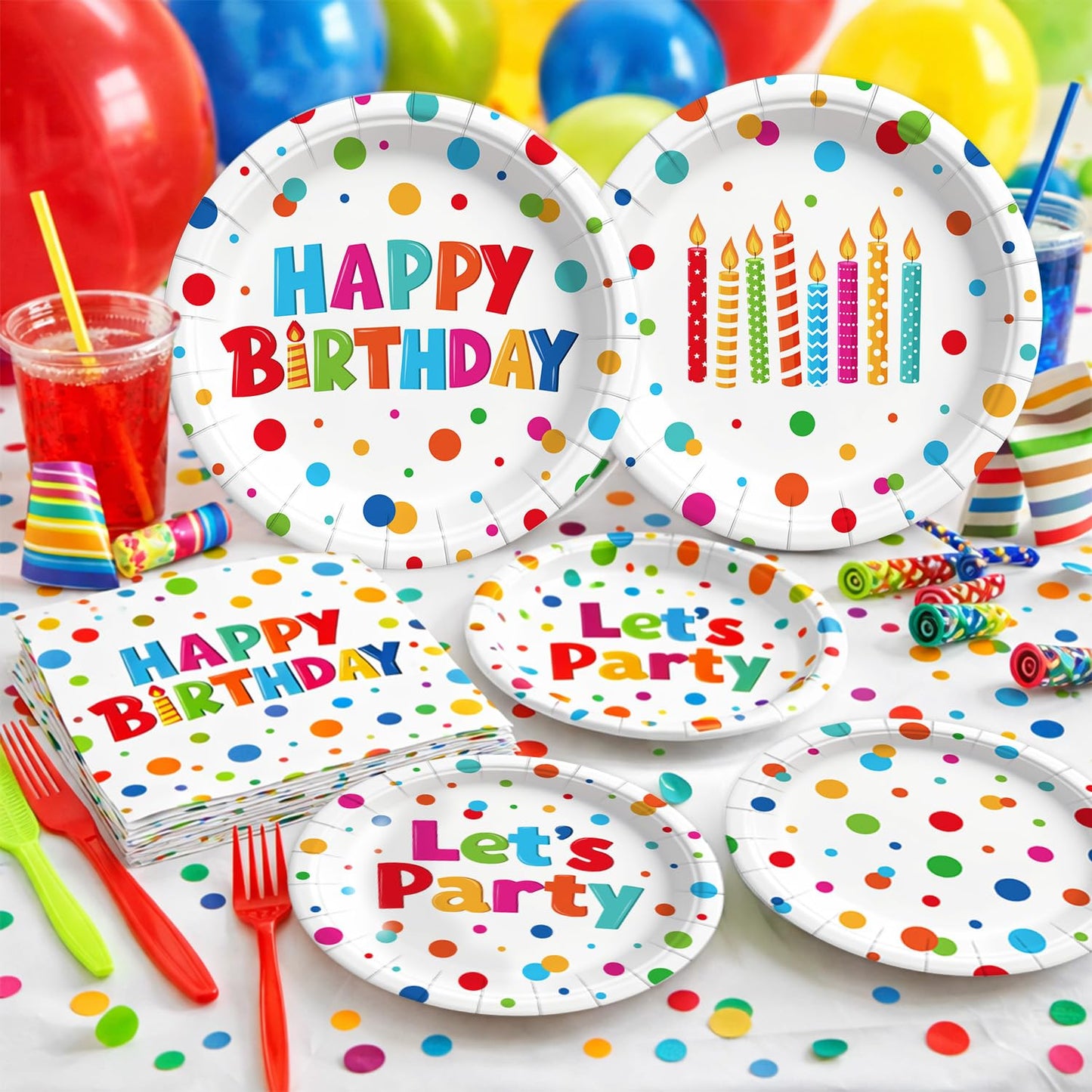 195 Pcs Birthday Party Supplies (Serves 24), Happy Birthday Party Dots Design Decorations Include Banner Hanging Plates Napkins Cups Forks Knifes Tablecloth Topper Balloons for Decorations