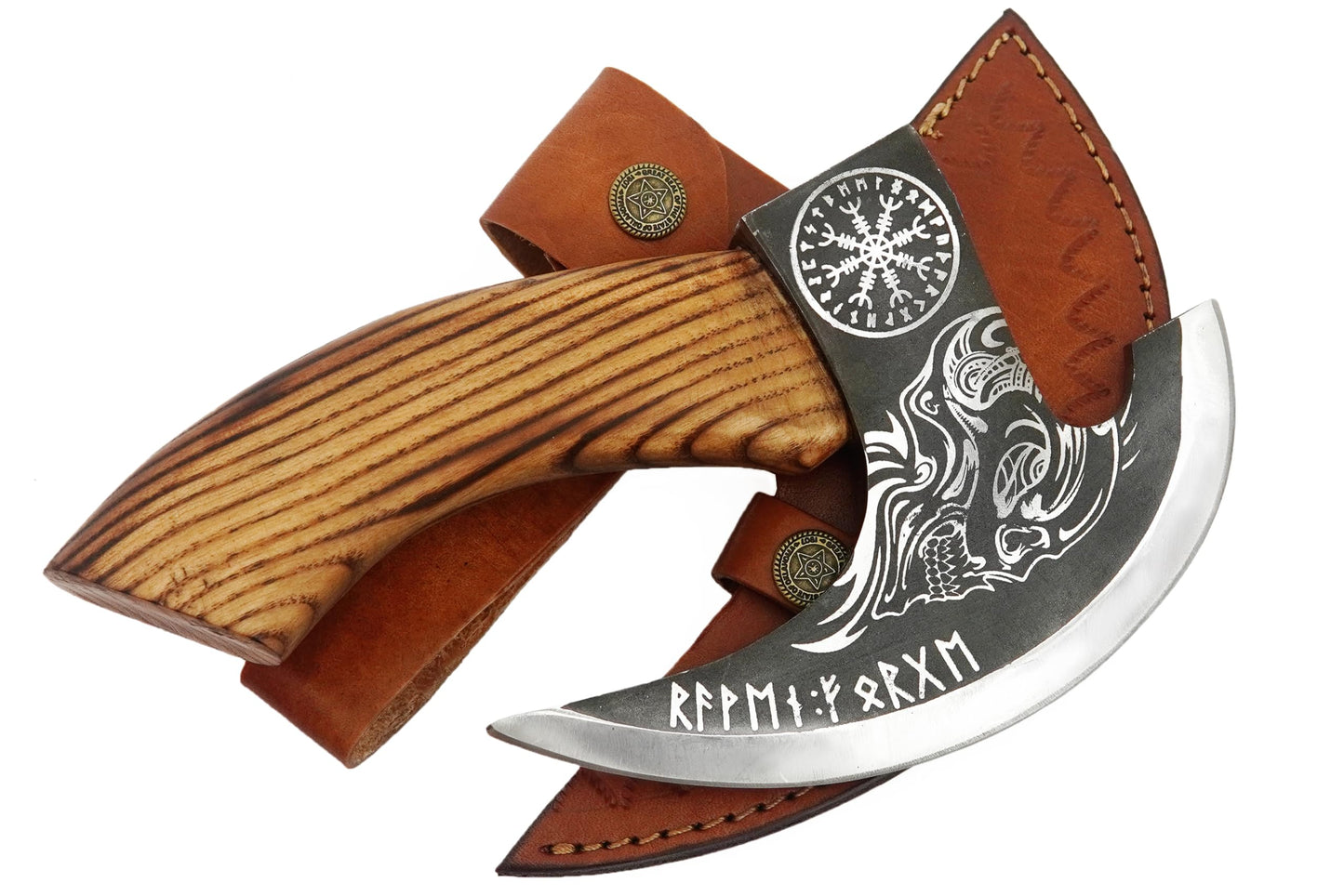 Handmade 8” Pizza Cutter, 6” Cutting Blade with Carbon Steel, Leather Sheath, Skull Design, Viking Style Pizza Cutter Axe Design. Multi-Purpose Cutter… (Dark Wood Handle)