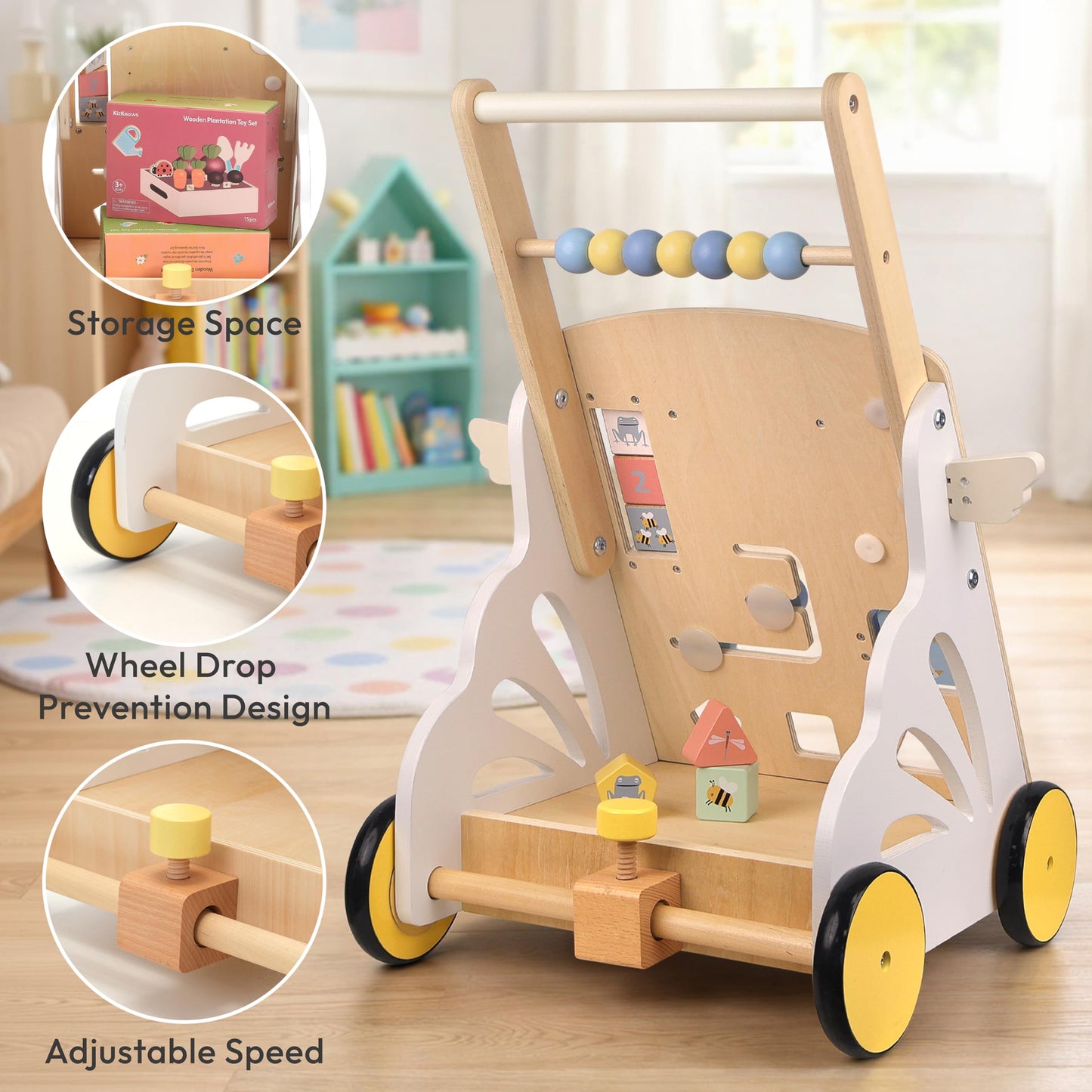 KizKnows Wooden Baby Walker with Wheels Speed Adjustable Baby Push Walker for 12+ Months Boys Girls Learning to Walk & Sit-to-Stand Activity Center with Sensory Toy Kids Development Gift