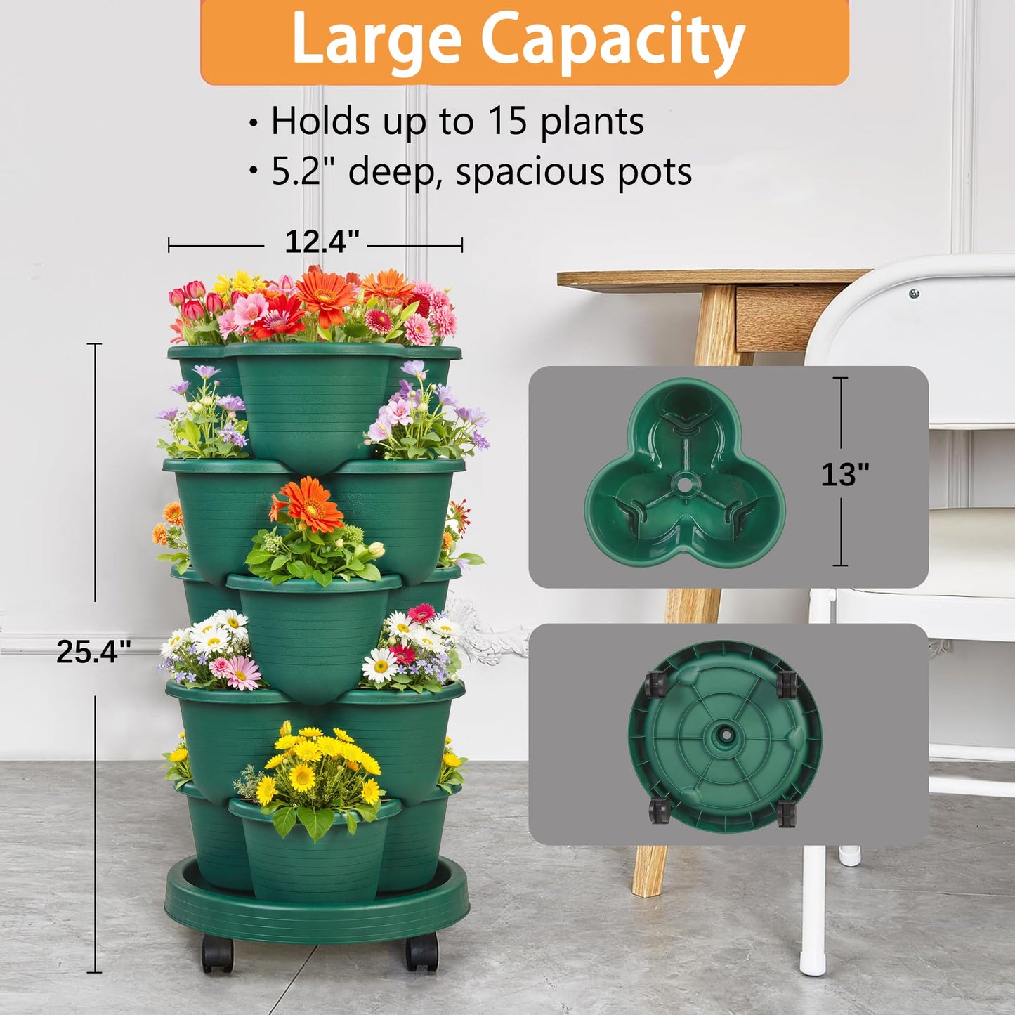 VECELO 5 Tier Vertical Garden Planter, Self Watering Stackable Planters with Wheels for Strawberries, Herbs, Flowers, Vegetables, Dark Green
