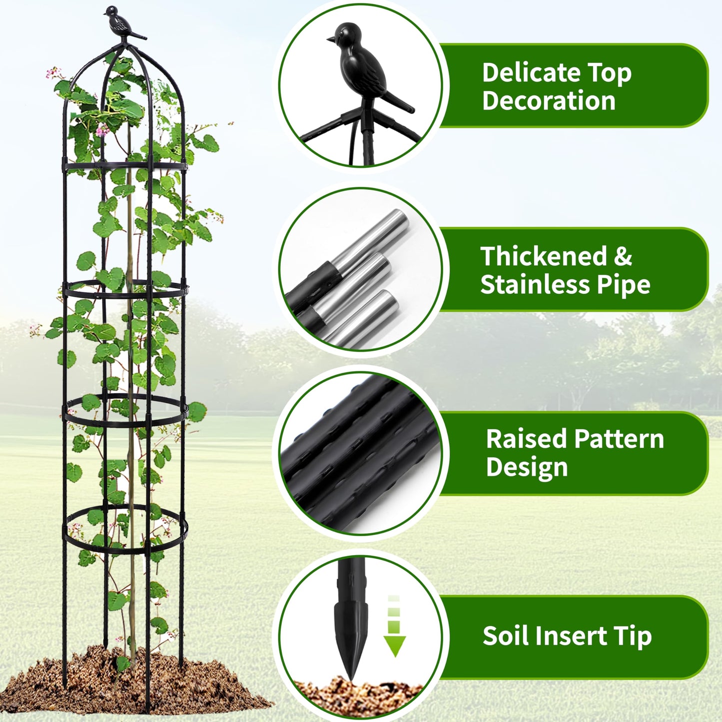 4-Pack 6FT Garden Obelisk Trellis for Climbing Plants,Adjustable 4-Tier Metal Plant Support,Rustproof Outdoor Plant Tower with 3 Decorative Tops for Roses,Tomatoes,Clematis & Vines,Black