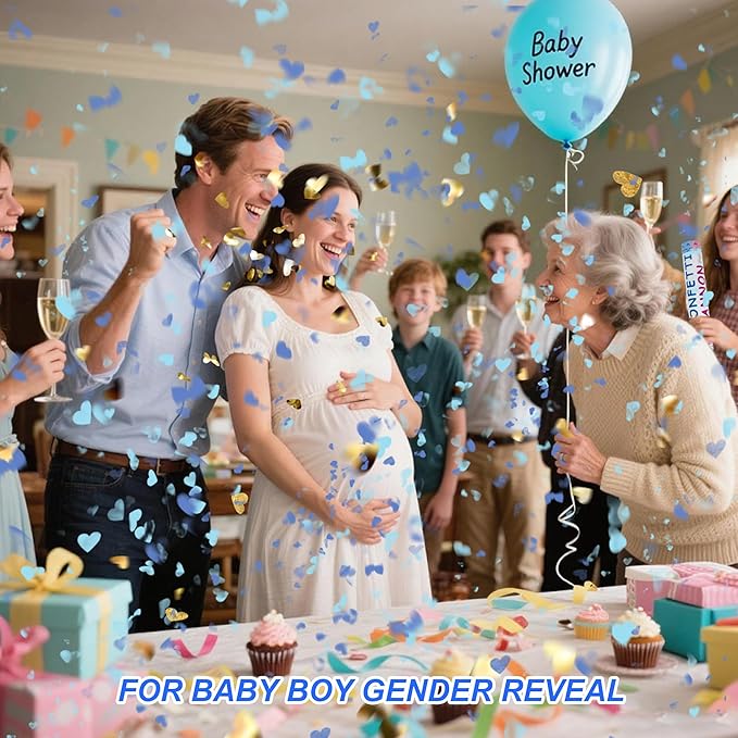 2 Pack Gender Reveal Confetti Cannon, 12 in Blue Heart shaped Paper Party Poppers Cannons, Confetti Poppers For Baby Boy Girl Gender Reveal Baby Showers (Heart, Blue)