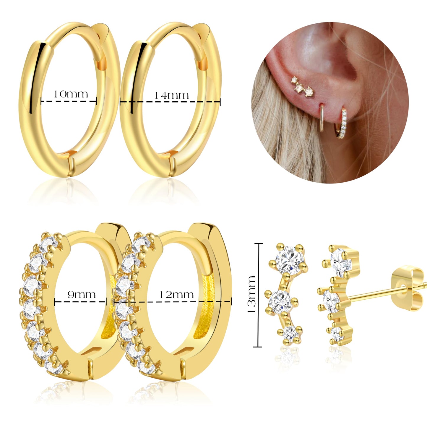 Gold Stud Earrings for Women, 3 Pairs 14K Hypoallergenic Cartilage Earrings for Multiple Piercing, Dainty Small Stackable Gold Hoop Earrings Set (Yellow Gold)