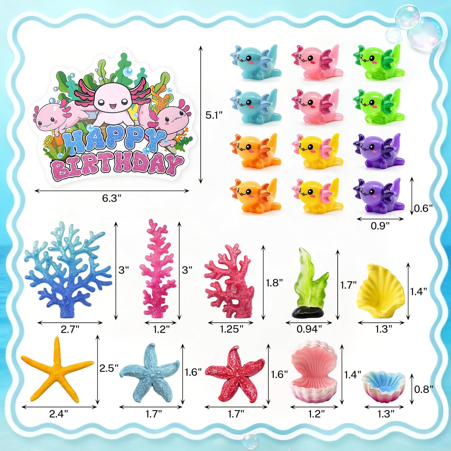 23Pcs Axolotl Cake Topper Kit, Adorable Axolotl Birthday Decorations for Cakes, Cupcakes & Party Dessert Table, Ocean Theme Party Supplies