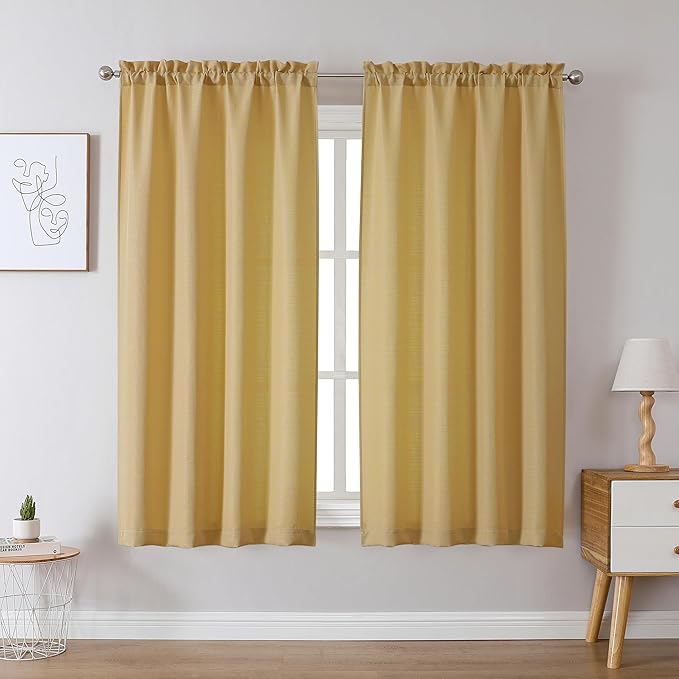 Chyhomenyc Gold Curtains 63 Inch Length 2 Panels, Faux Linen Textured Semi Sheer Light Filtering Soft Airy Rod Pocket Window Treatment Drapes for Living Room Bedroom, Each 40" Wx63 L