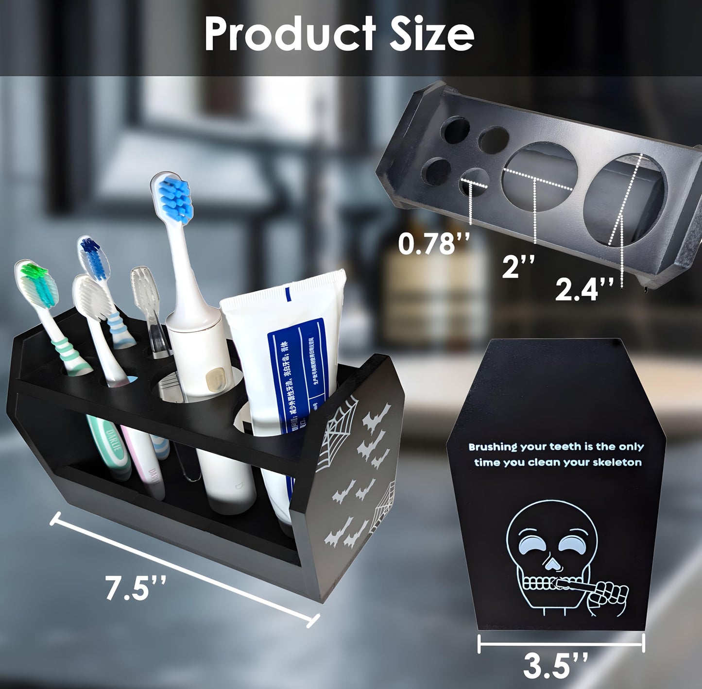 Halloween Gothic Bathroom Decor - Spooky Goth Coffin Toothbrush Holder Sides Wide Open Quick Dry, Roomy Space, Horror Bats Skull Design - 5.5" L x 4" W x 6" H