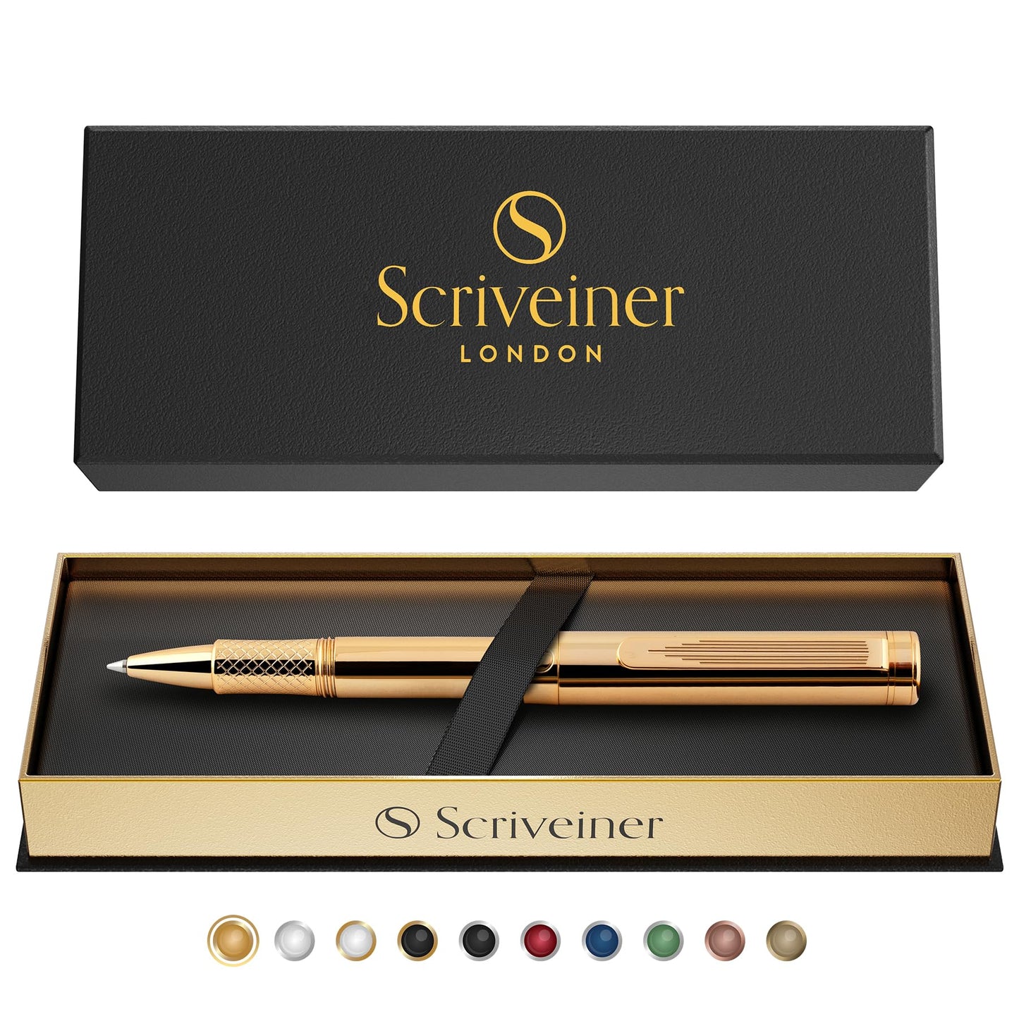 Scriveiner Heavy Gold Rollerball Pen, Award Winning Luxury Pocket Pen with gold plating Finish, German Schmidt Refill, Best EDC Writing Gift Set for Men & Women, Nice Fancy