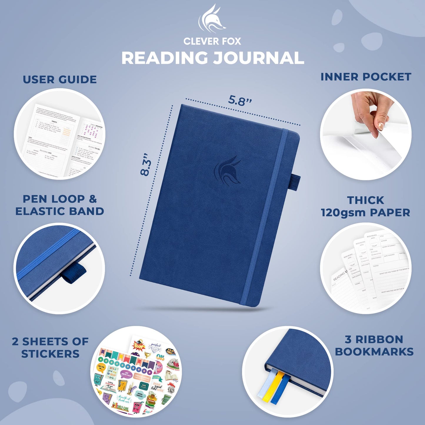 Clever Fox Reading Journal – Book Review Log – Gift Accessories for Reading Lover – Book Journal for Kids & Adults – A5, 5.8”x8.3” (Blue)