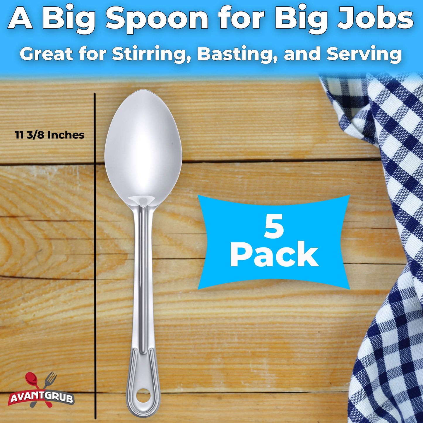 Super Strong, Ergonomic 11 in Serving Spoon 5 Pk. Big, Solid Stainless Steel Spoons for Cooking, Baking and Basting. Best Kitchen Flatware for Buffet and Banquet Service in Restaurants and Homes