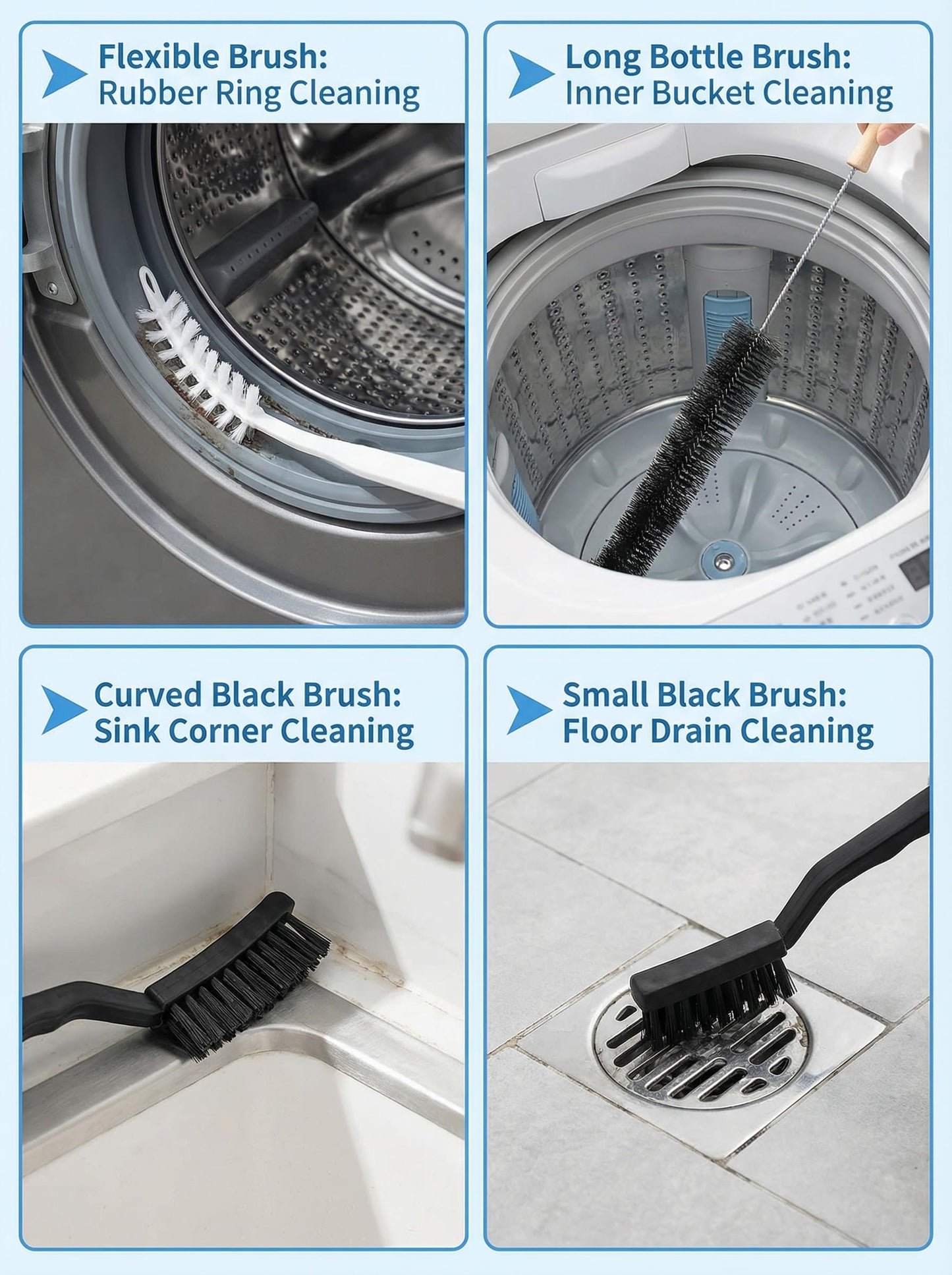 Washing Machine Cleaning Brush Set, Front Load Washer Machine Cleaner Accessories, Drum Laundry Cleaner Brush Household Cleaning Tools for Bathroom, Shower & Kitchen (6 Pcs)