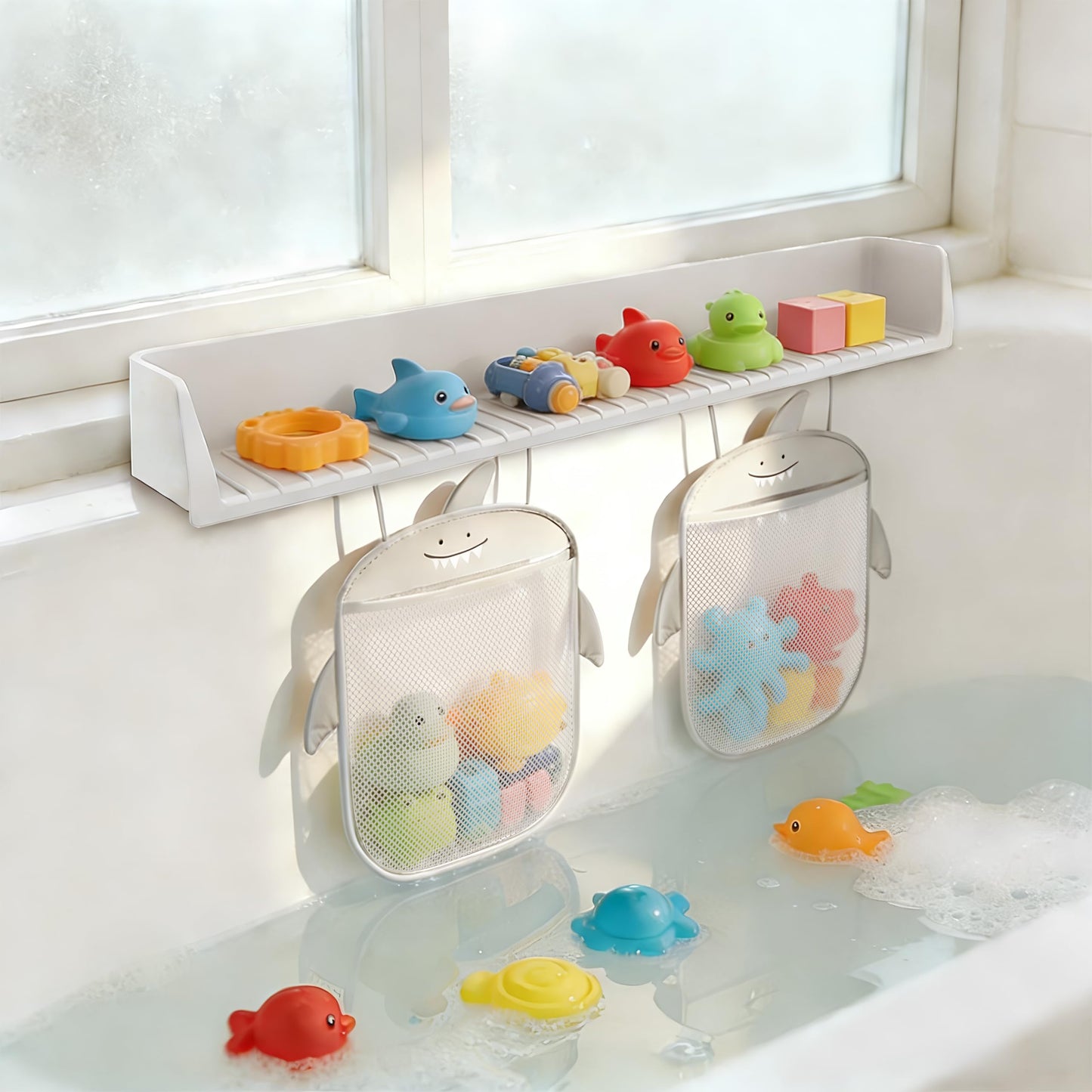 Grihmzo Extra-Long 31.5 Inch Bathtub Splash Guard for Kids,2 Storage Pockets Large Capacity Bath Toy Caddy Holder,Silicone Water Shield Prevent Bathroom Spills