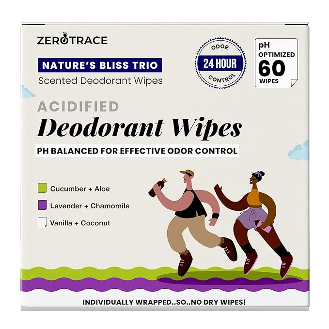 Zero Trace Travel Deodorant Wipes - 60 Count- 24 Hour Odor Control - Aluminum Free Hypoallergenic Mini Deodorant Wipes For Women and Men - Individually Wrapped Underarm & Body Wipes- Nature Bliss Trio
