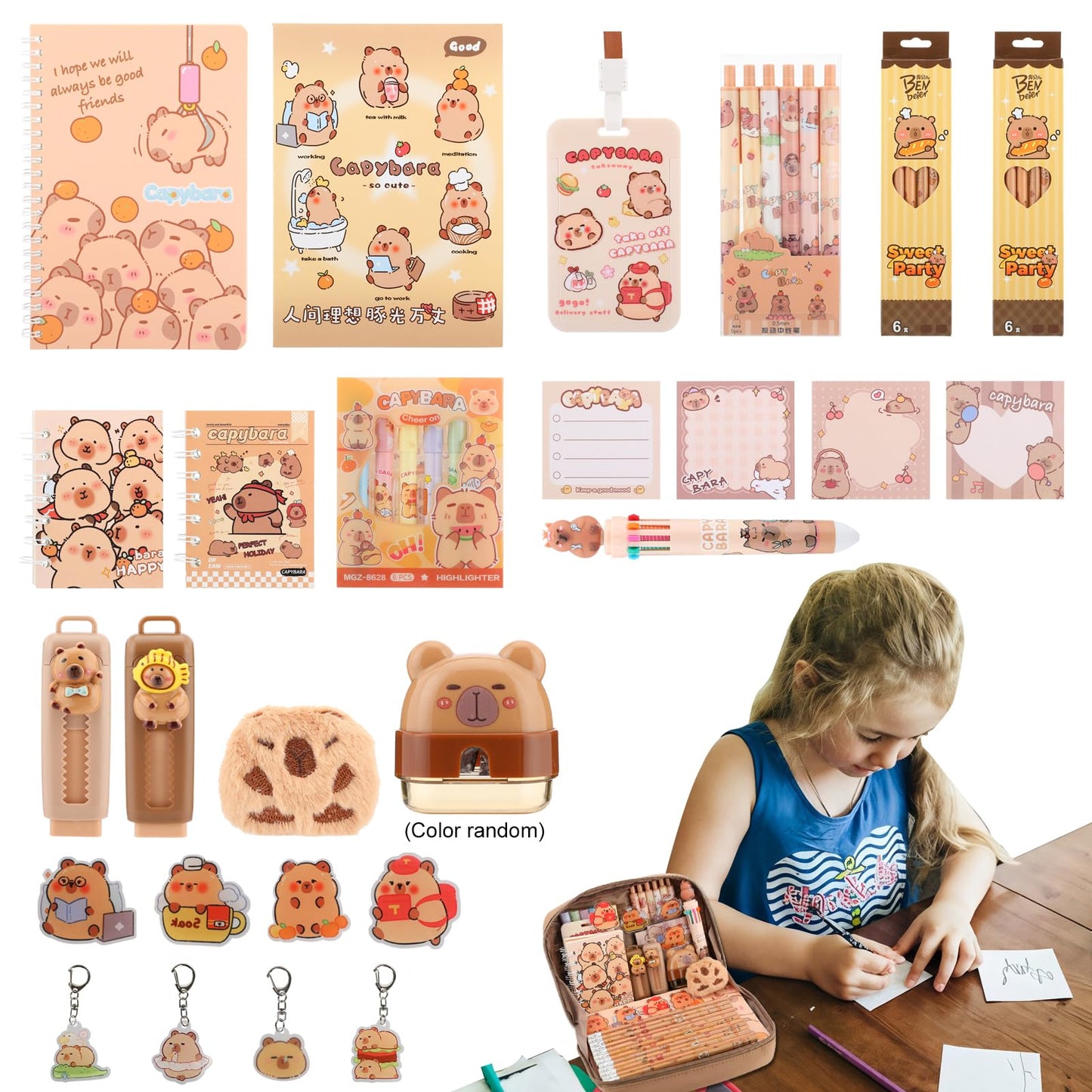 Lebaley Capybara Gifts - 27PCS Capybara Pencil Case，Capybara Stationery Set，Cute Back to School School Supplies，Pencil Bag include Gel Pens Pencil Sticky Notes Pins Notebook Card Holder Key Chain