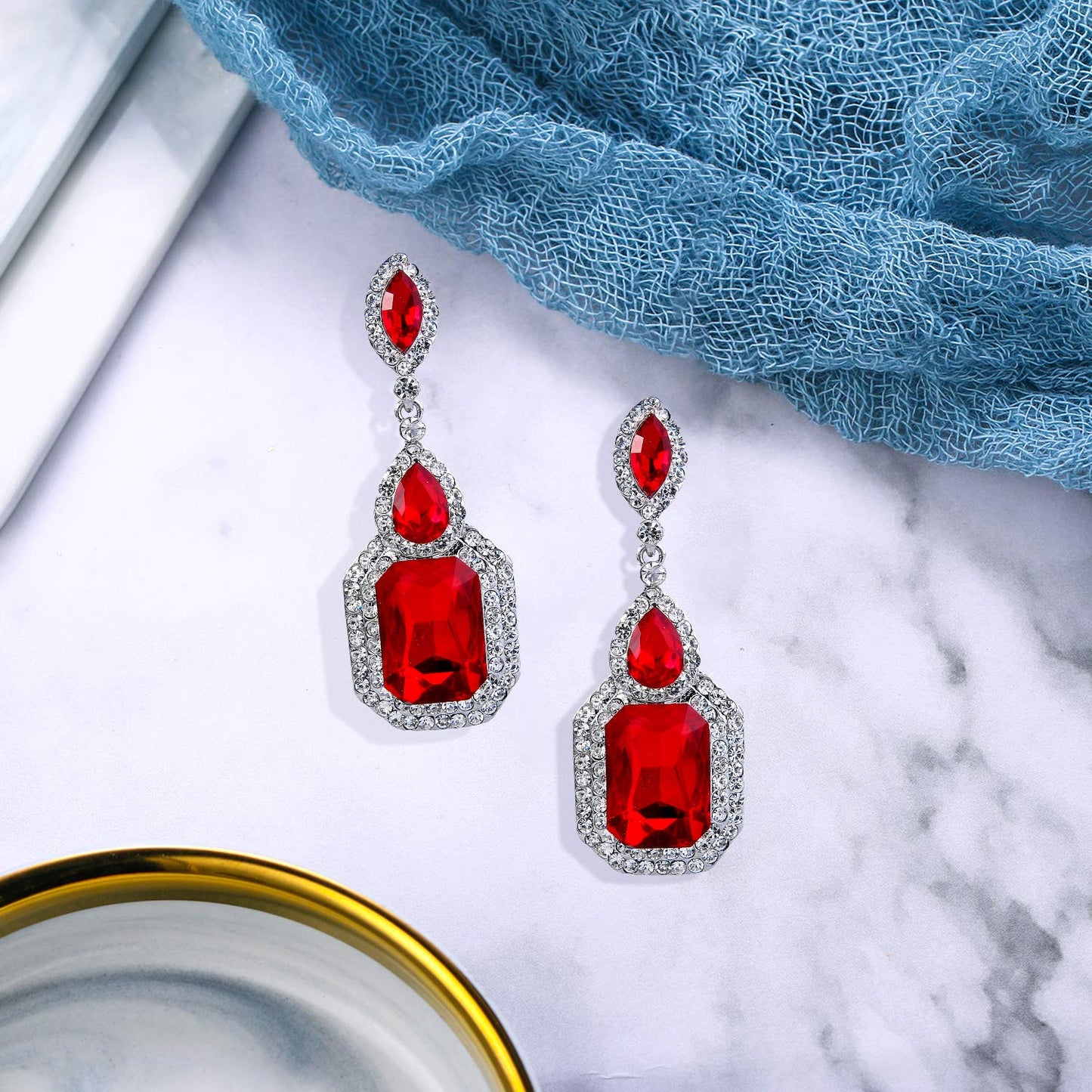BriLove Women's Wedding Bridal Dangle Earrings Emerald Cut Crystal Infinity Figure 8 Chandelier Jewelry Ruby Color Silver-Tone