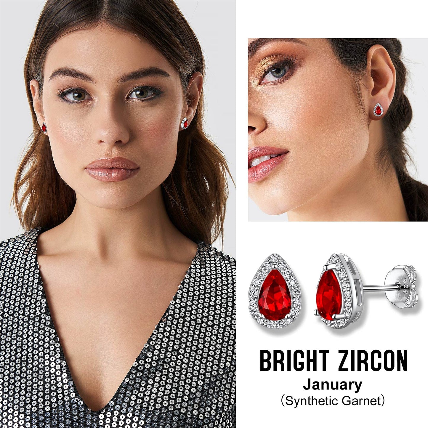 Bestyle 925 Sterling Silver Love Teardrop Cut Cubic Zirconia Stud Earrings, Brilliant Created July Ruby CZ Birthstone Earrings for Women