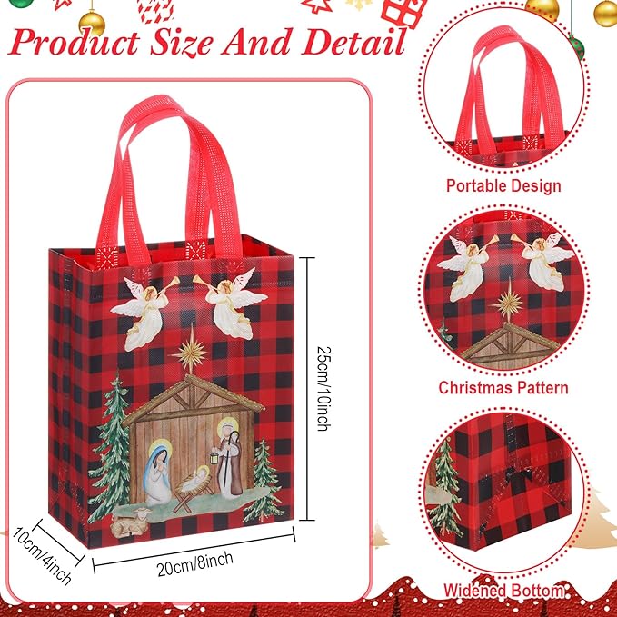Wesnoy 48 Pcs Christmas Nativity Gift Bags Bulk 10 x 8 x 4 Inch Reusable Non Woven Christian Party Favors Red White Treat Goodies Tote Bags with Handles for Religious Jesus Holiday Party Supplies