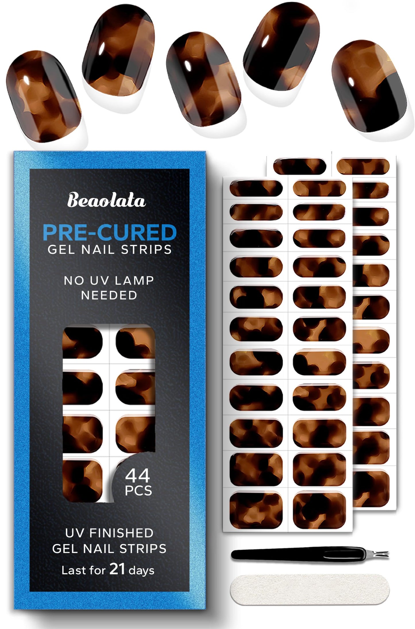 Beaolata Real Gel Nail Strips (No UV Light Needed) - 44Pcs Salon Quality Nail Stickers - Long Lasting Polish Wraps for Women, Easy Apply & Remove (Honey Amber Brown)