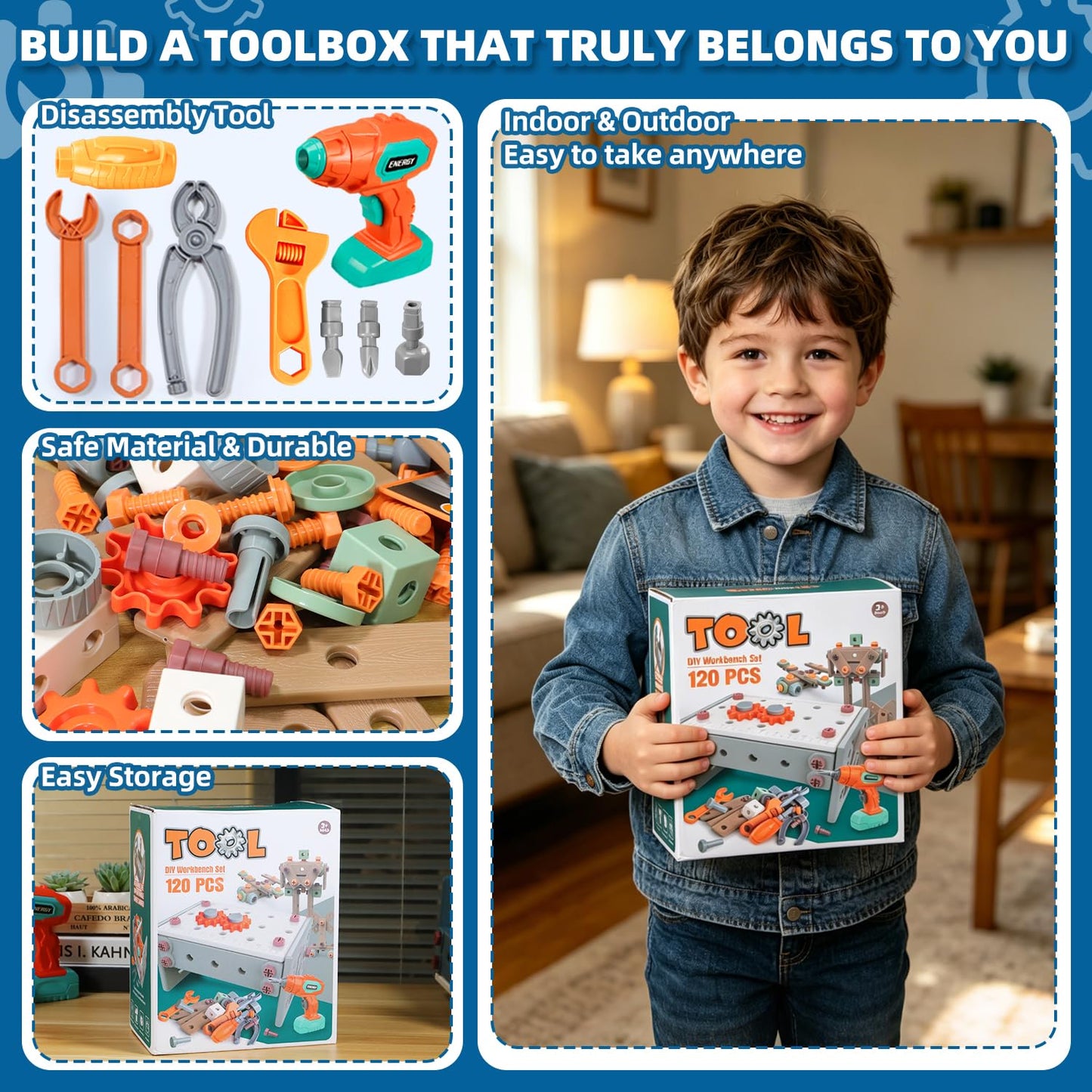 VEAIS Kids Tool Set with Drill,120Pcs Toddler Tool Set with ToolBench,Montessori Toy for 2+Year Old,Educational STEM Construction Toys for Ages 2-4,Pretend Play Toddler Toys 3-5 Year Old Birthday Gift