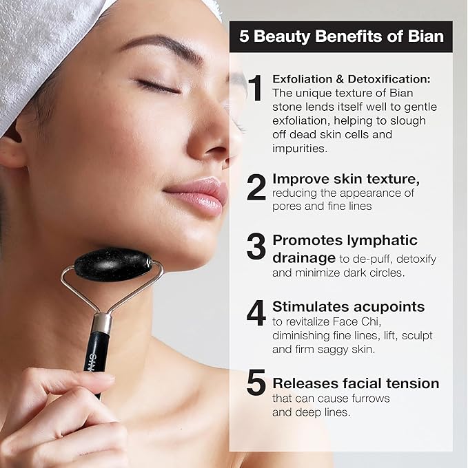 Bian Stone Roller for Face- Anti Aging, Wrinkles Free, Eye, Neck & Body Roller for Lymphatic Massage, Eye Puffiness Treatment- Enhances Skin Elasticity & Toning Facial Muscles