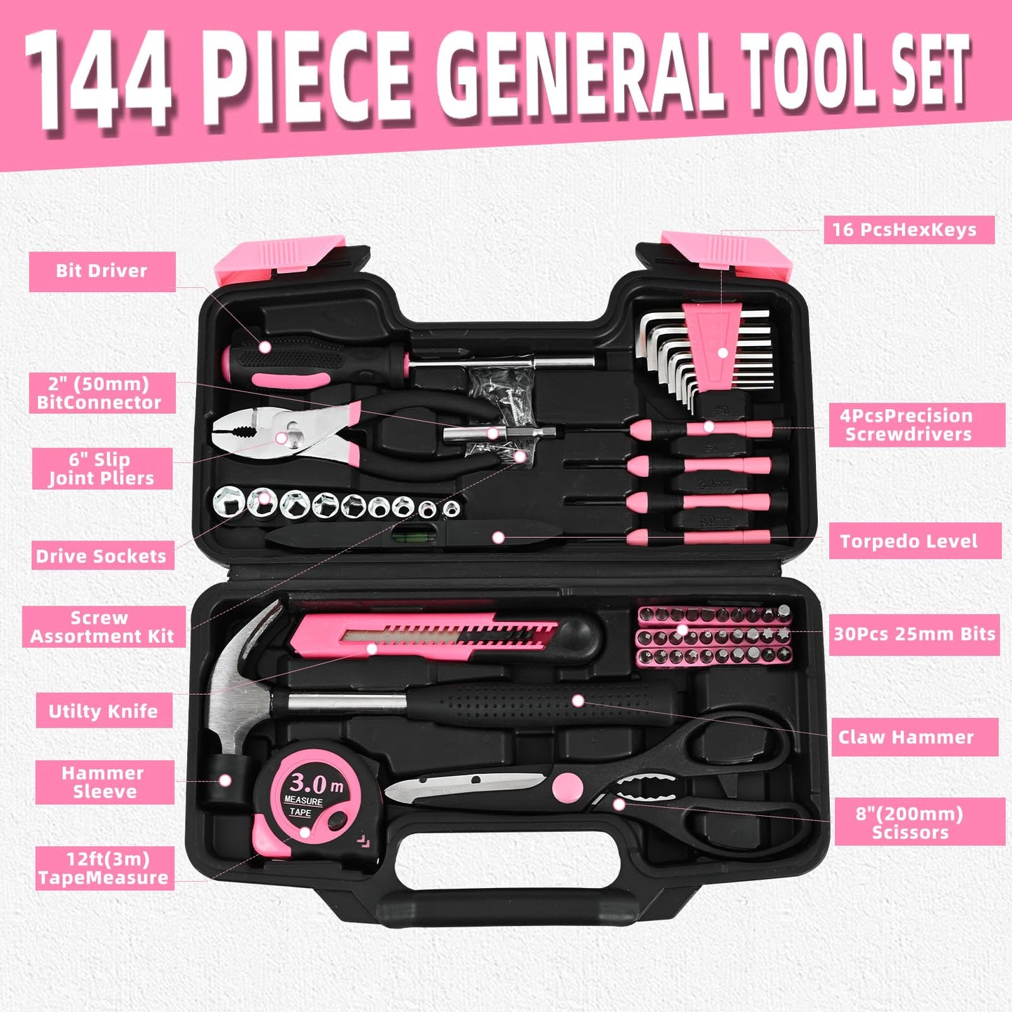 GETFOO 144-Piece Pink Tool Kit Basic Home Repair Tool Set General Household Hand Tool Kit Small Tool Kit with Plastic Toolbox basic home tool kit for Women, Office & College Repairs