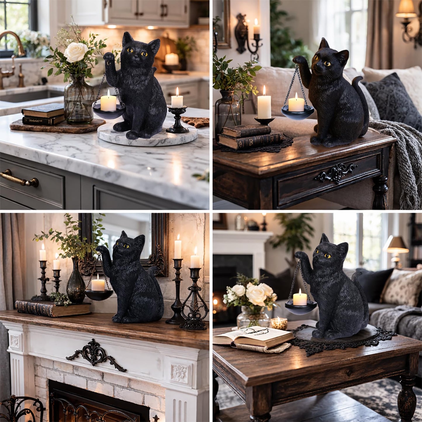 Gothic Black Cat Lamp with Tealight Candle Holder Cat Statue Halloween Decorations Indoor Gothic Home Decor for Living Room Tabletop Shelf Bedroom Unique Goth Witchy Gifts Decor