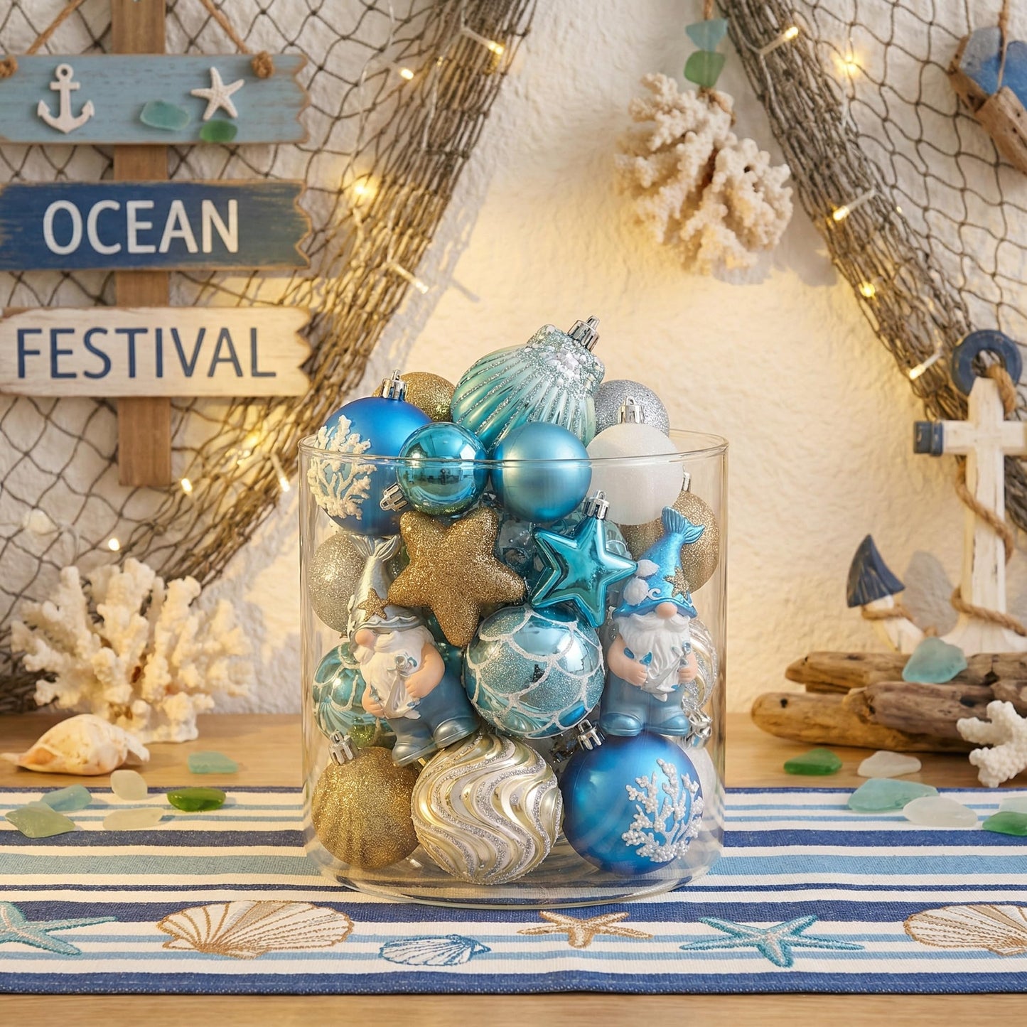 Valery Madelyn Summer Tree Ornaments, 30ct Teal Aqua Blue Shatterproof Beach Coastal Decor, Ocean Themed Christmas in July Tree Decorations, Hanging Gnome Seashell Conch Shell Coral for Tropical Party