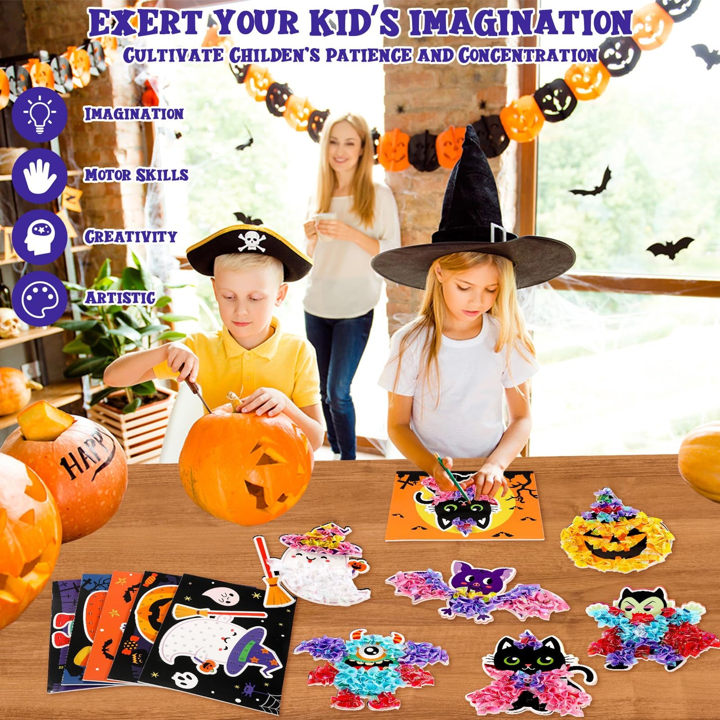Lonfliness 8PCS Poke Craft Kit Halloween No-Mess Fabric Sewing Art Puzzle Puncture Painting Bat Pumpkin Ghost Halloween Creative Activity Game Birthday Party Favors