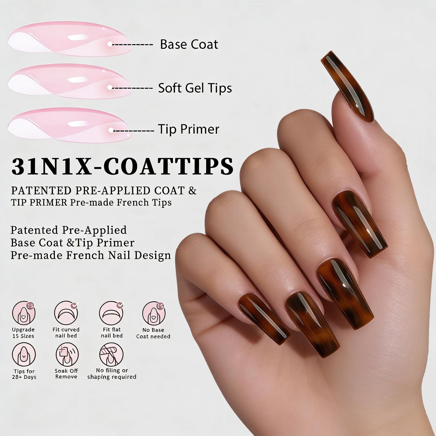 Dsixnails 150Pcs Tortoiseshell Long Square Press on Nails, Soft Gel Nail Tips 15Sizes, Long Lasting Reusable Fake Nails, Salon Quality Soak Off False Nail Tips for Women Girl Festival Gift