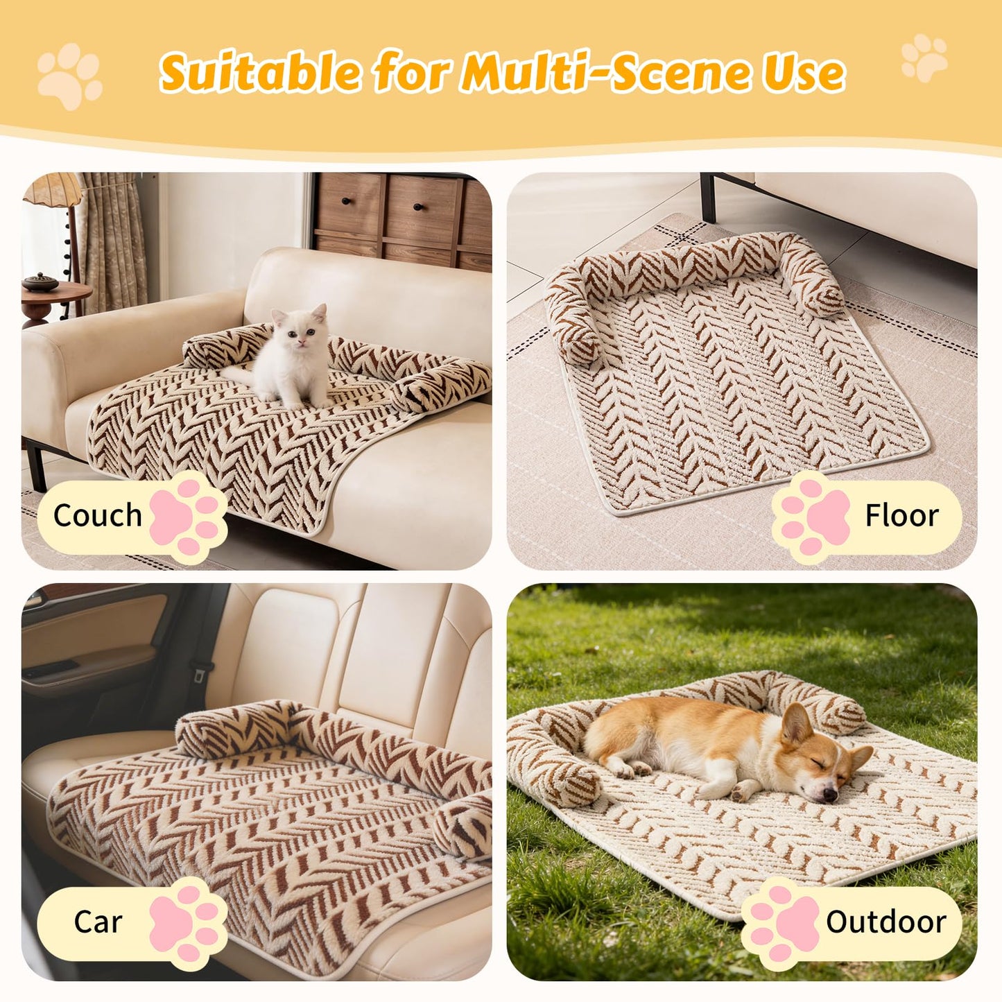 Calming Dog Bed Mats with Neck & Head Support, Soft Flannel Pet Couch Bed for Small and Medium Dogs & Cats, Pet Washable Couch Covers for Sofa