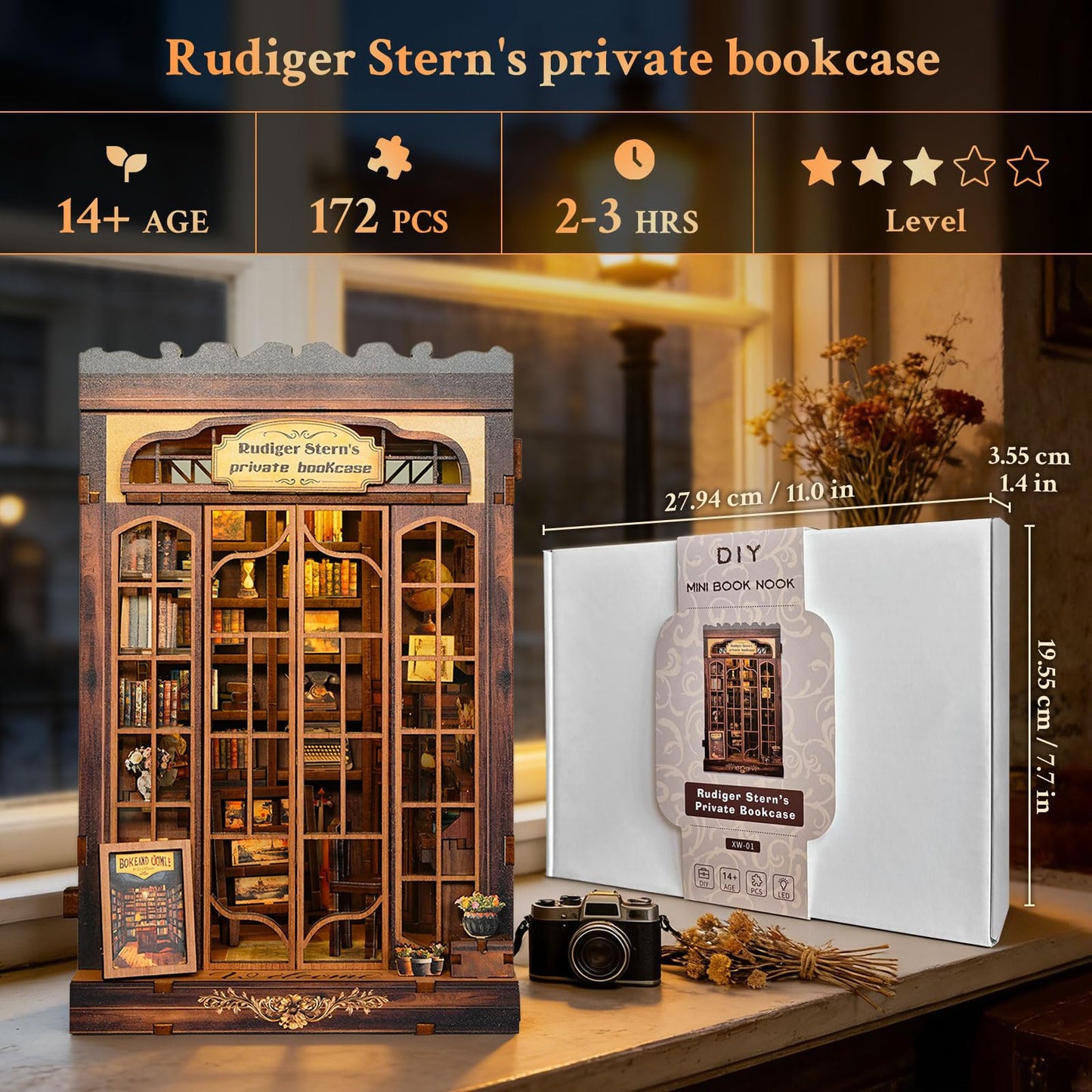 Book Nook Kit DIY Miniature Library Dollhouse, Wooden 3D Puzzle Bookshelf with LED Sensor Light, Bookend Decor for Adults and Teens （Bookcase）