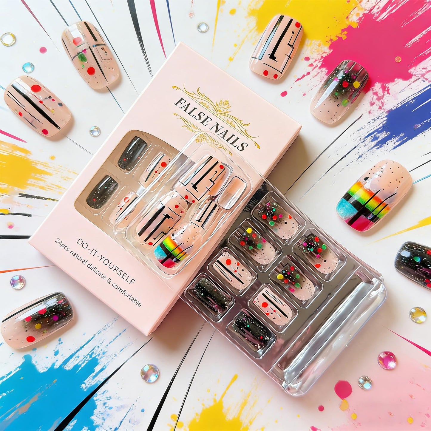 Rainbow Polka Dot Press on Nails Medium Square Fake Nails with Lines Dots Design Colorful Acrylic False Nail Glossy Full Cover Stick on Nail Reusable Artificial Summer Nails for Women 24Pcs