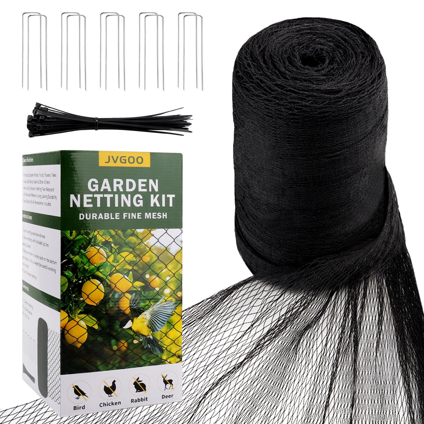 Jvgoo Bird Netting for Garden, 13 x 40 FT Bird Netting for Chicken Coop, Heavy Duty Garden Poultry Net Mesh with Ties and Staples for Fruit Trees Vegetables Against Birds, Deer, Squirrels