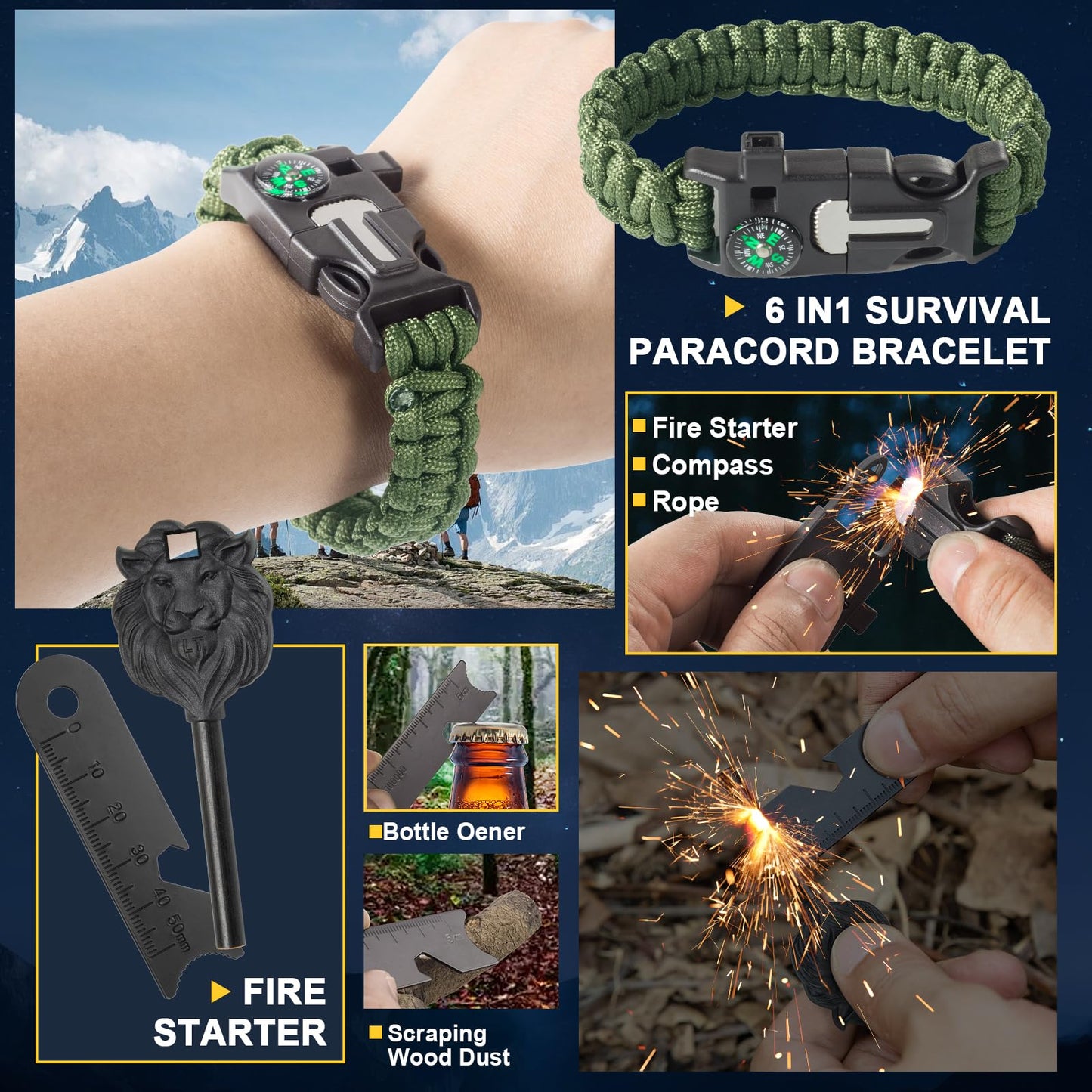 Survival Kit and Emergency Gear - 66 in 1 Outdoor Equipment with First Aid Fire ,Starter, Knife, Compass for Camping, Hiking, Gifts for Men