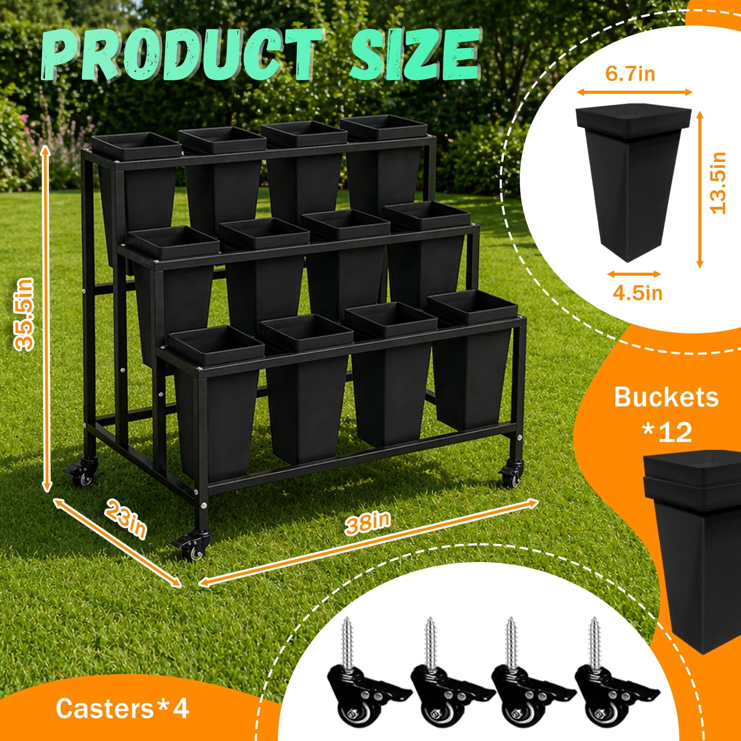 PROLEE Flower Display Stand with 12 Buckets, Flower Stand Metal with Wheels, Flower Cart 3 Layers, Flower Stand Metal with Wheels, Moving Florist Bouquet Shelf, Rectangular Rack (Black)