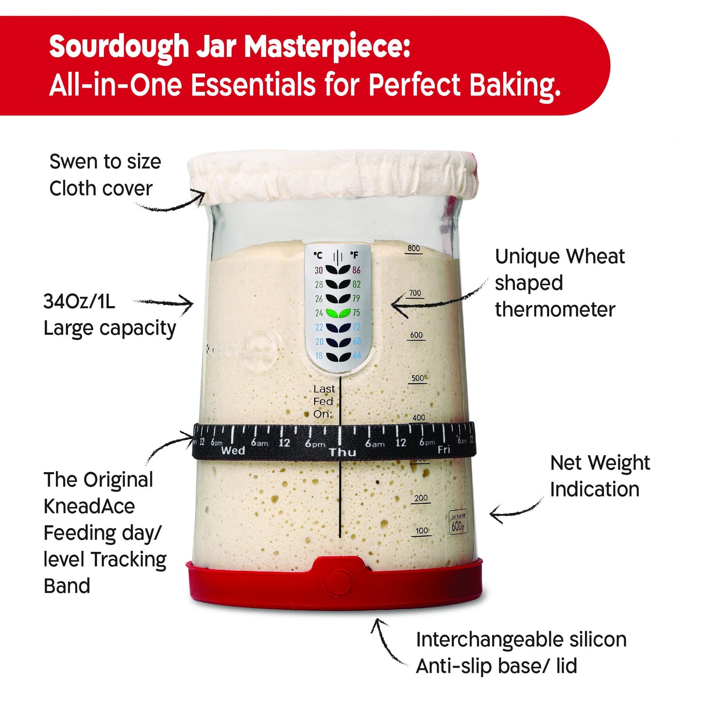 KNEADACE Pro Sourdough Starter Kit - 34oz Large Capacity Glass Fermentation Jar with Lid & Tracker, Sourdough Starter Fermenter for Homemade Sourdough, Bread Dough Prep & Culinary Fermentation, 2 Pack