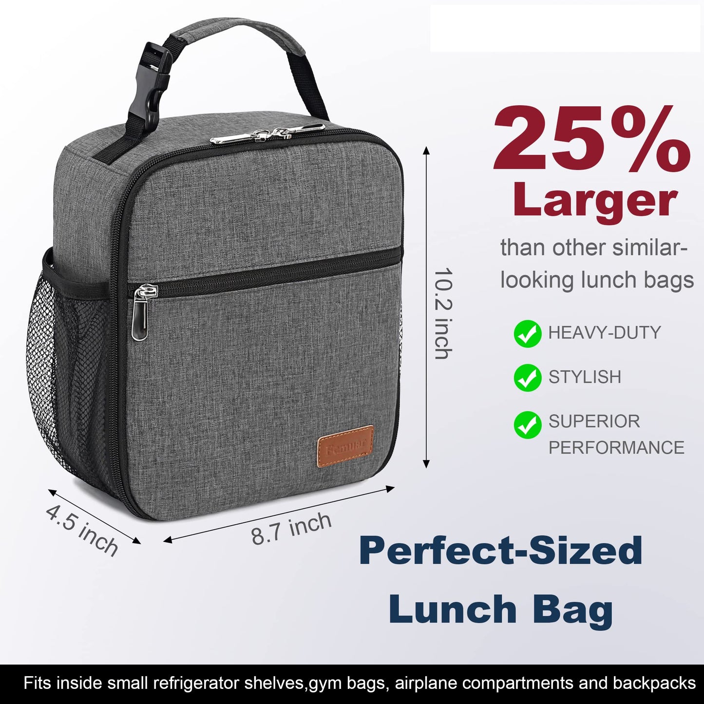 Femuar Lunch Box for Men Women Adults Small Lunch Bag for Office Work Picnic - Reusable Portable Lunchbox, Charcoal Grey