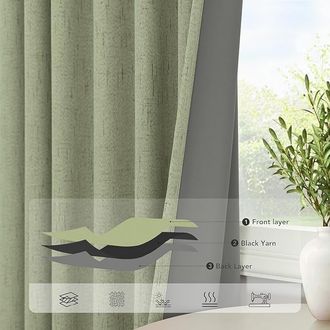 Light Sage Green Black Out Curtains 96 Inch Long for Bedroom 2 Panel Linen Textured Boho Blackout Curtains Darkening Neutral Farmhouse Thermal Drapes for Sliding Doors Patio Living Room 52x96 Length