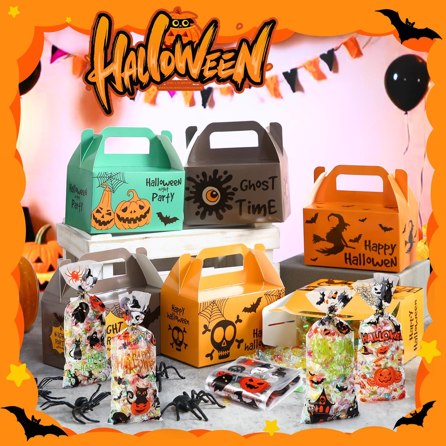 ReliThick 80 Pack Halloween Treat Box with Cellophane Bags Trick or Treat Goodie Cookie Candy Boxes for Treats Pumpkin Halloween Bag for Party