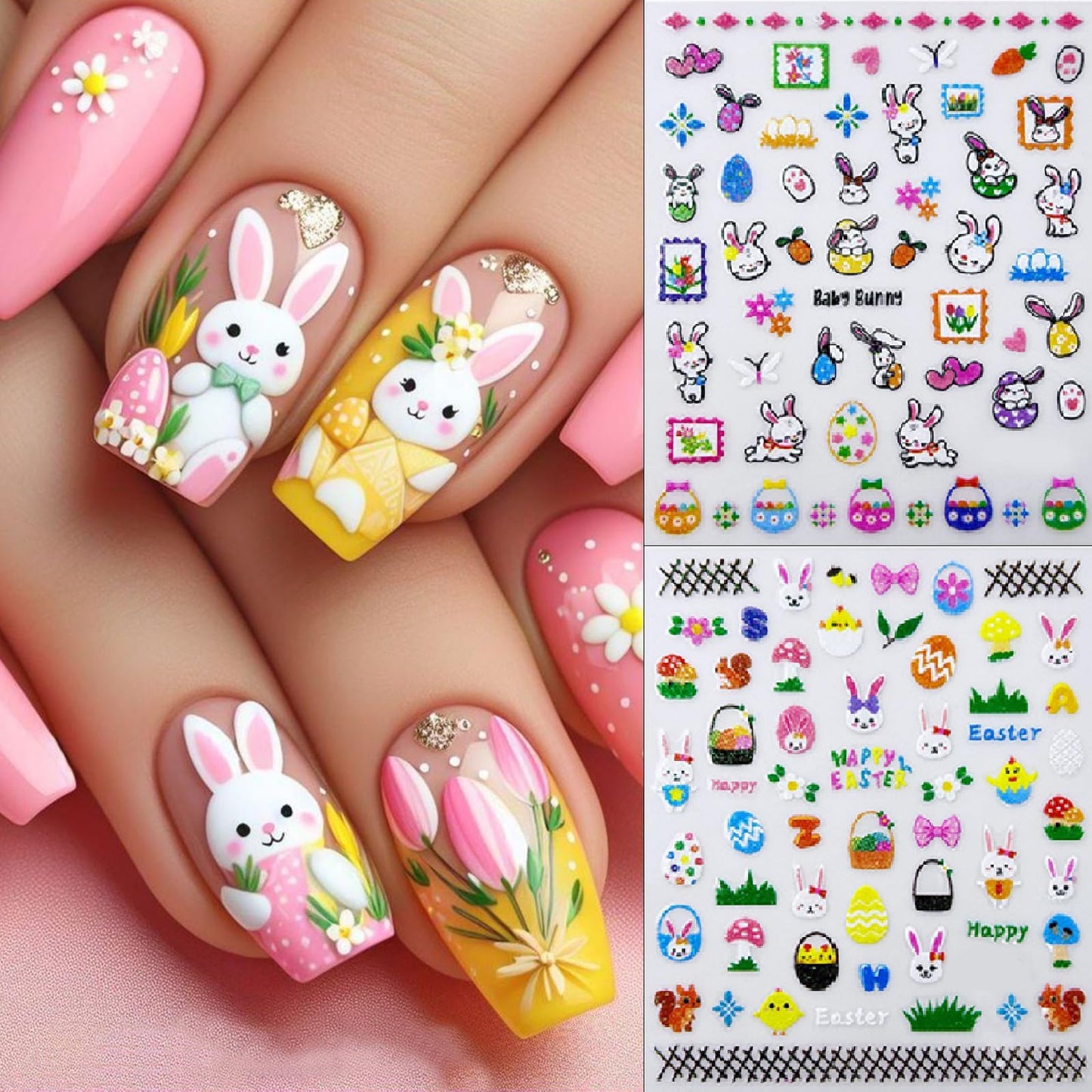 6 Sheets Glitter Easter Nail Art Stickers Easter Egg Rabbit Nail Decals 3D Self Adhesive Cute Chicken Eggs Nail Art Supplies Cartoon Bunny Carrot Nail Supplies Stickers for Women DIY Nail Decorations