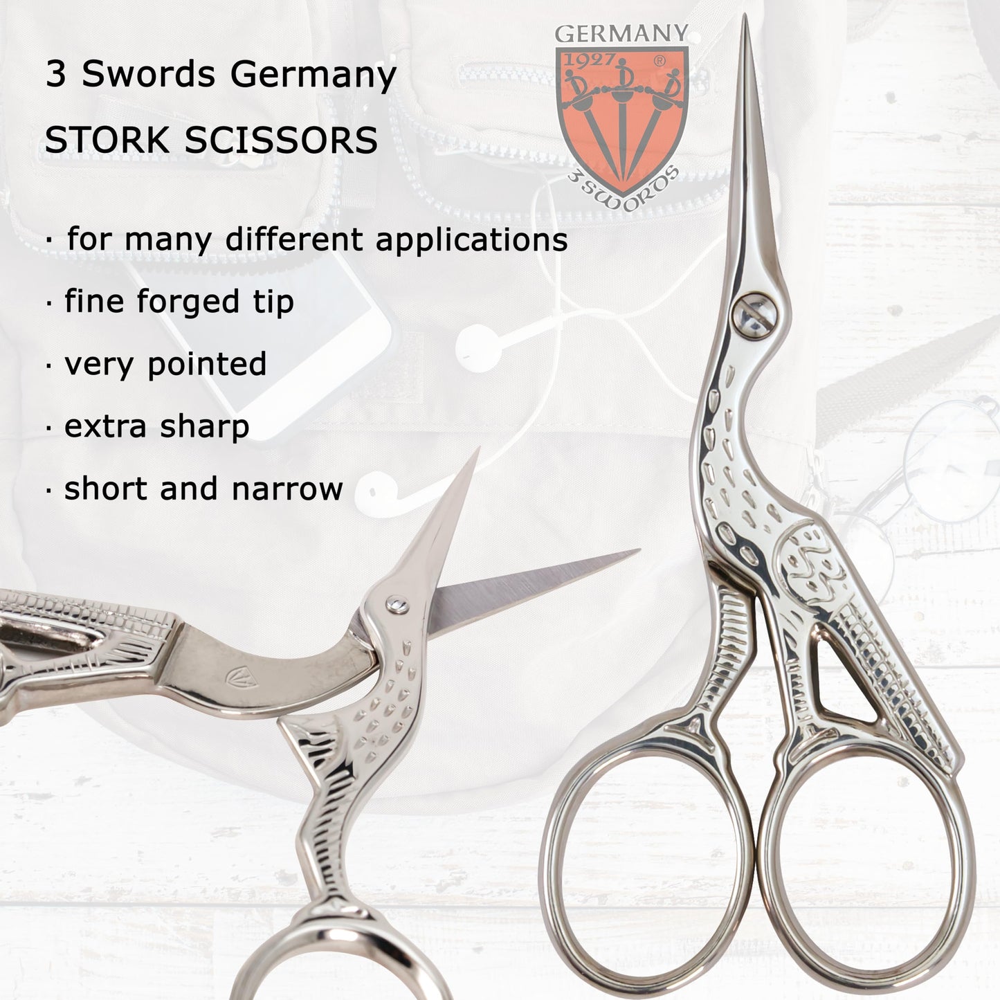 3 Swords Germany - Embroidery Scissors, Stork Scissors Shears for Art Work, Daily Use in Household, Sewing, crocheting, Art Work, Craft, needle work with black Synthetic Leather case