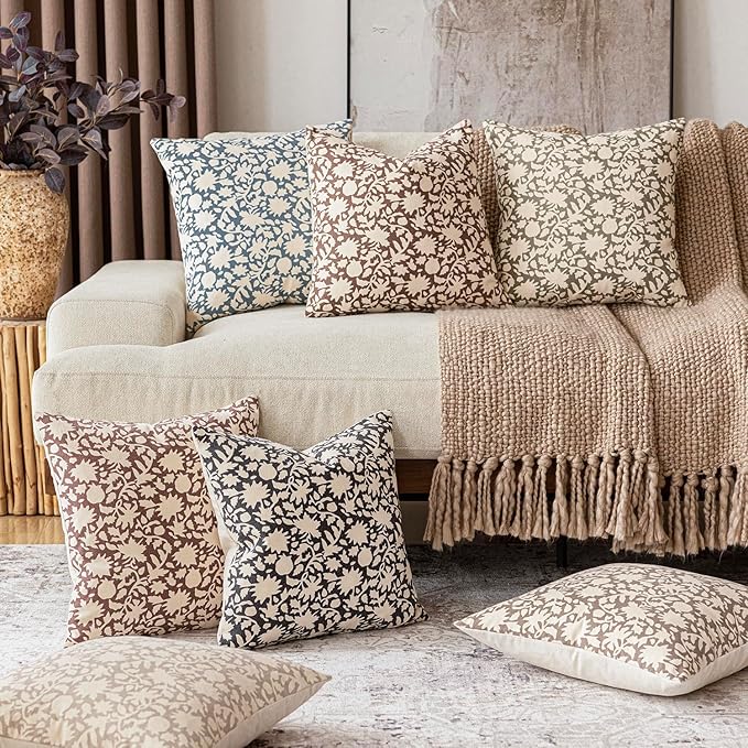 Foindtower Set of 2 Decorative Neutral Floral Throw Pillow Covers Accent Farmhouse Cushion Covers Boho Vintage Pillowcase for Couch Sofa Bedroom Living Room Home Decor,22×22 Inch,Dusty Blue