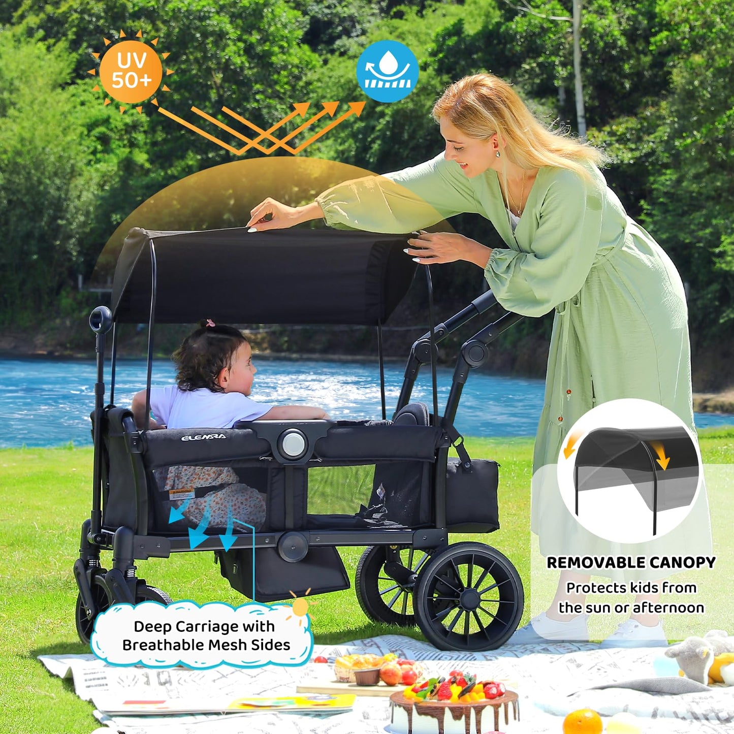 ELEMARA Foldable Wagon Stroller, Stroller Wagon for 2 Kids, Premium All Terrain Wagon for Kids with Removable Canopy, Adjustable Push/Pull Handle, Harnesses, Large Storage Bag, Black