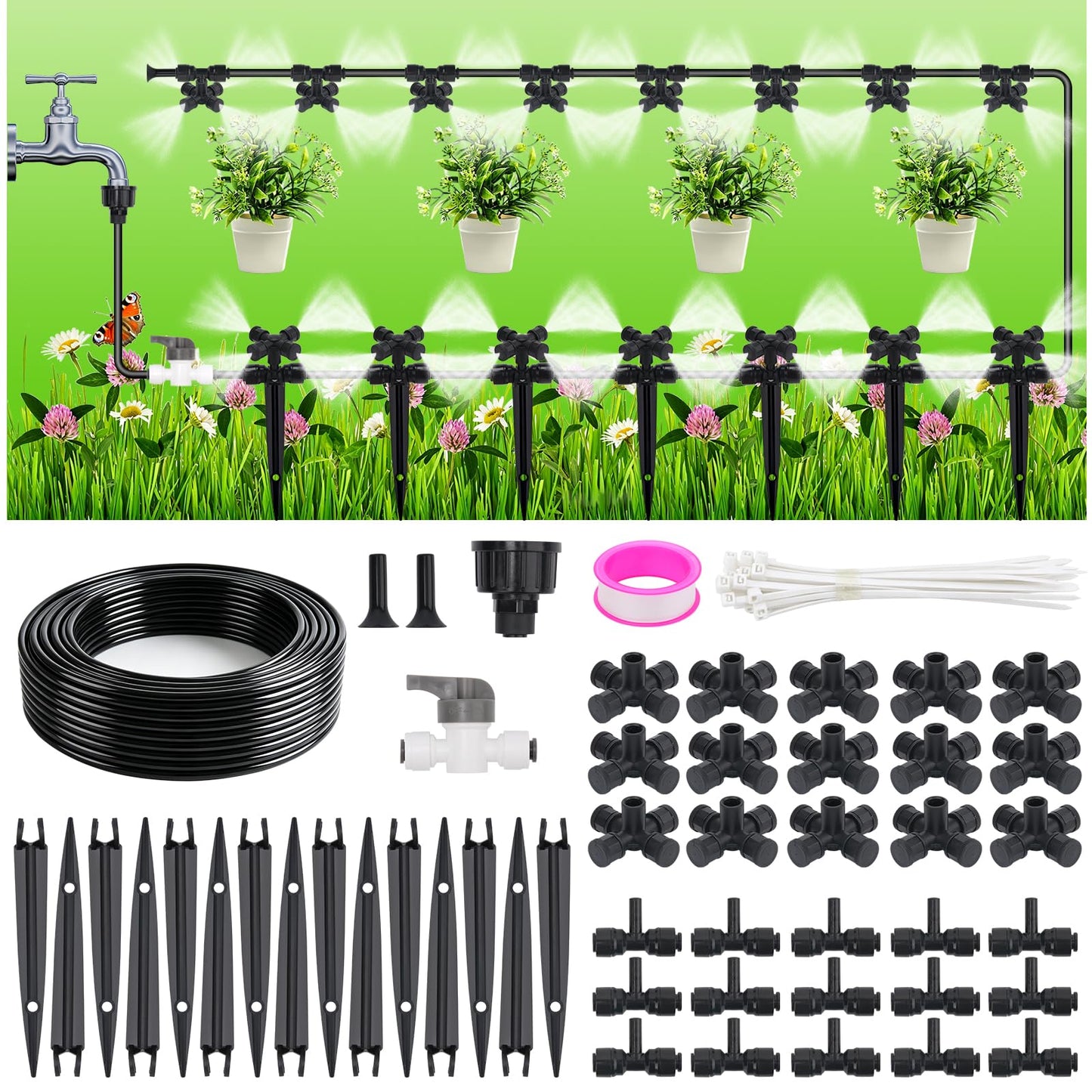 50FT Drip Irrigation System Kit, Garden Watering System with Quick Connectors 1/4 inch Drip Tubing & Quick Connect Fittings Adjustable Mist, Watering System for Outdoor Plants