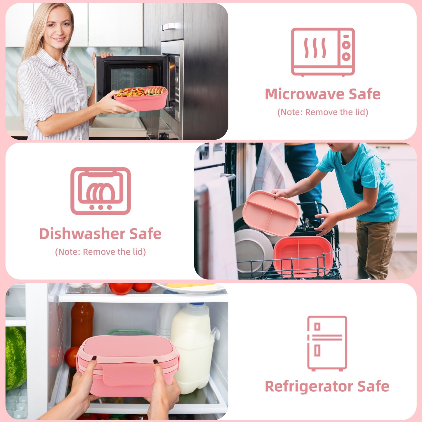 Itopor Leakproof Bento Box Adult Lunch Box with Hidden Handle, BPA-Free 5-Compartment Lunch Containers for Adults with Snack Tray & Utensils, Microwave & Dishwasher Safe, 5 Cup Pink