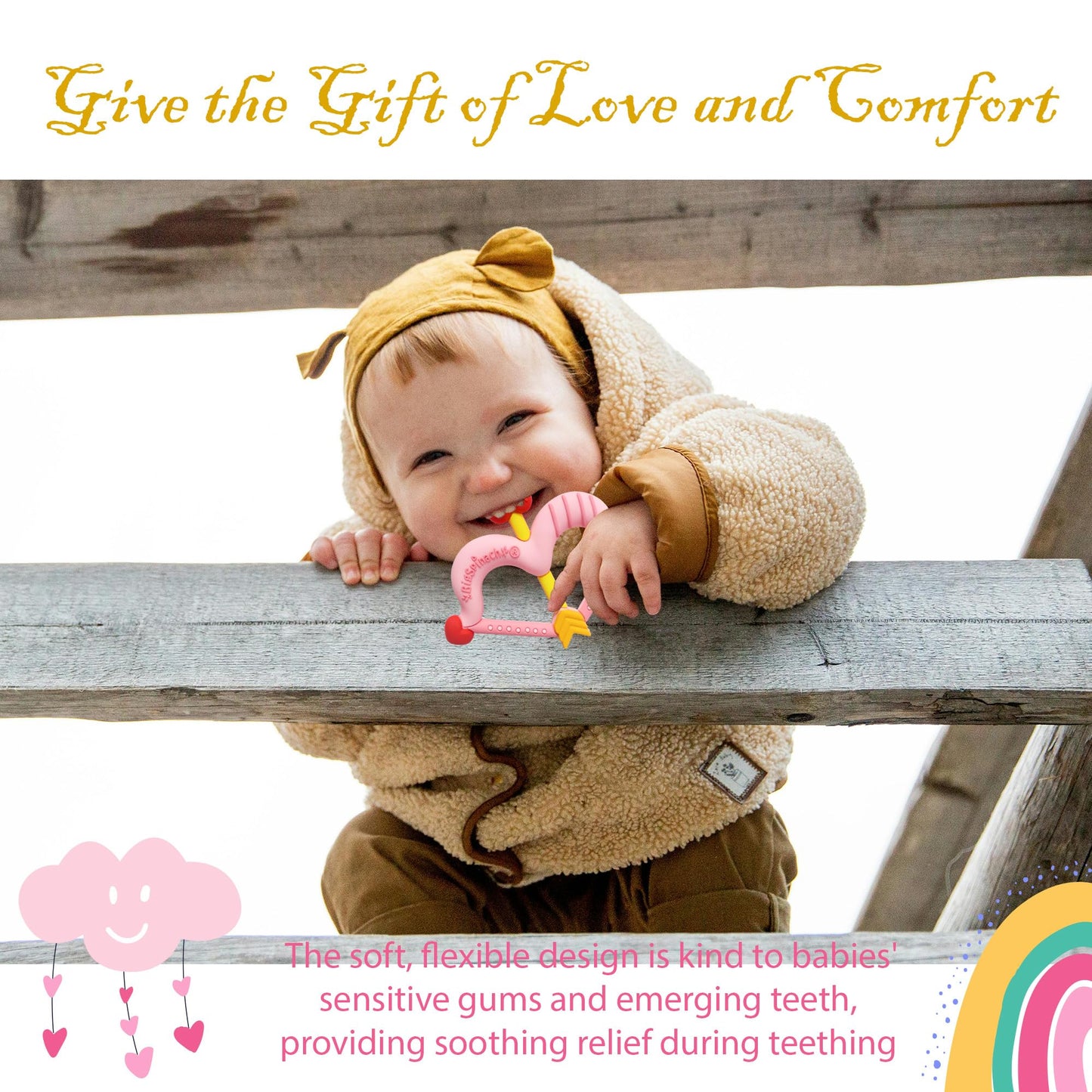 BIGSPINACH Teethers Heart Shape Silicone Baby Teether Toy Easy for Little Hands to Hold,Cupid Bow and Arrow Soft Teething Toy for Infants,Valentine's Gift for Girl or Boy (Pink)