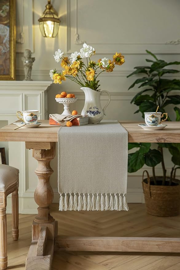 ZeeMart Natural Table Runners 108 Inches Long, Burlap Linen Style Rustic Farmhouse Table Runner, Long Boho Dining Table Runner, 13x108 Inches, Natural